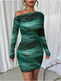 Pleated Slim Fit Long Sleeve Narrow Diagonal Collar Dress Women's Clothing